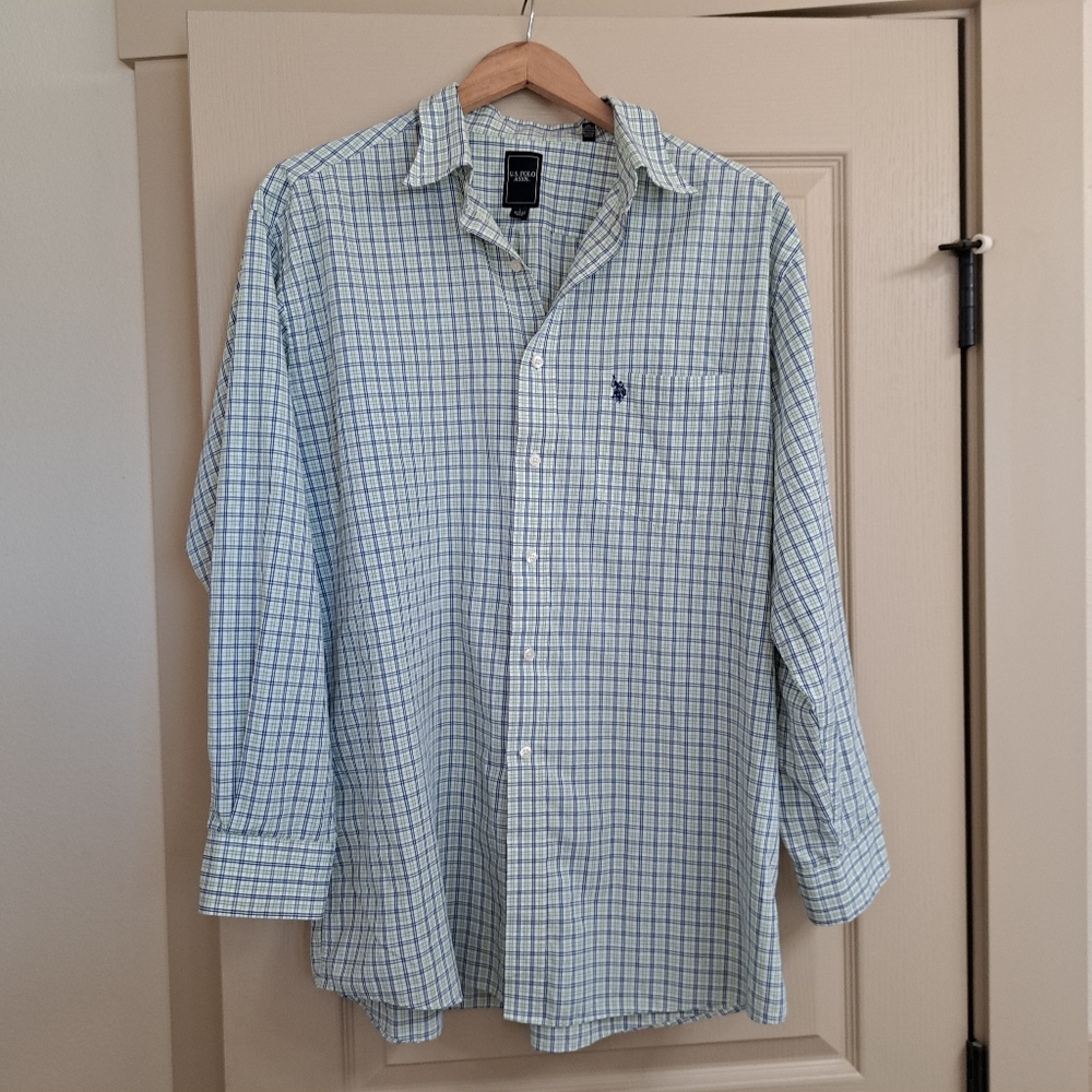 US Polo Association Men's Polo Large Button Down Grern And Blue and green Plaid